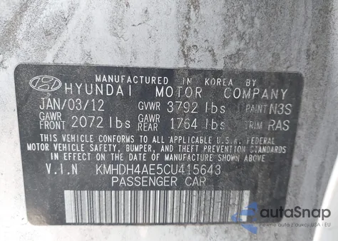 2012 Hyundai Elantra Gls (Ulsan Plant) z USA, uszkodzony, nr VIN KMHDH4AE5CU415643